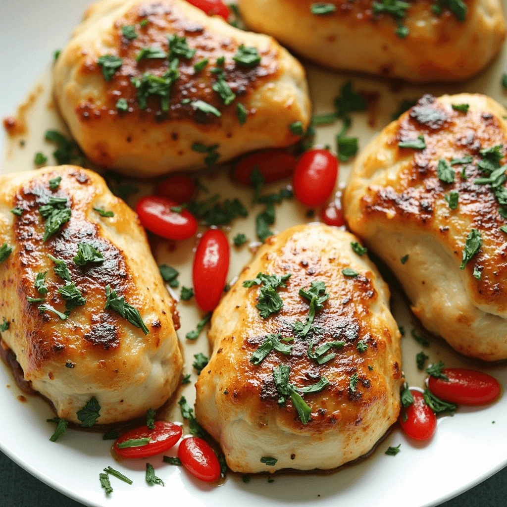 A plate of golden-brown baked chicken breasts garnished with fresh herbs and cherry tomatoes.