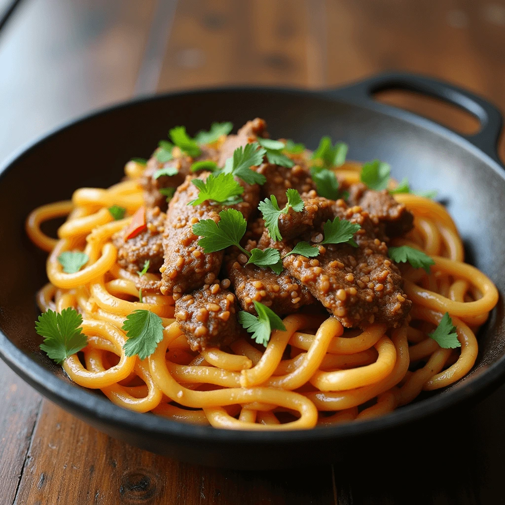 A delicious serving of beef and noodles in a creamy, rich sauce, garnished with herbs.