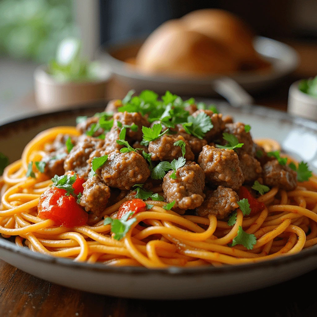 Delicious beef and noodles served in a rich, savory sauce, garnished with fresh herbs.