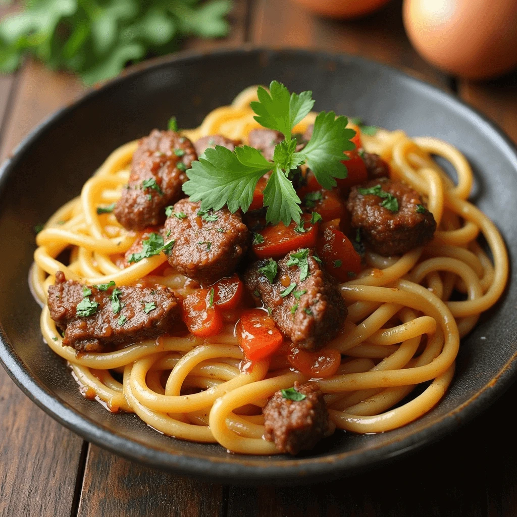 Close-up of a hearty beef and noodles dish served in a rich, flavorful sauce with garnished herbs.