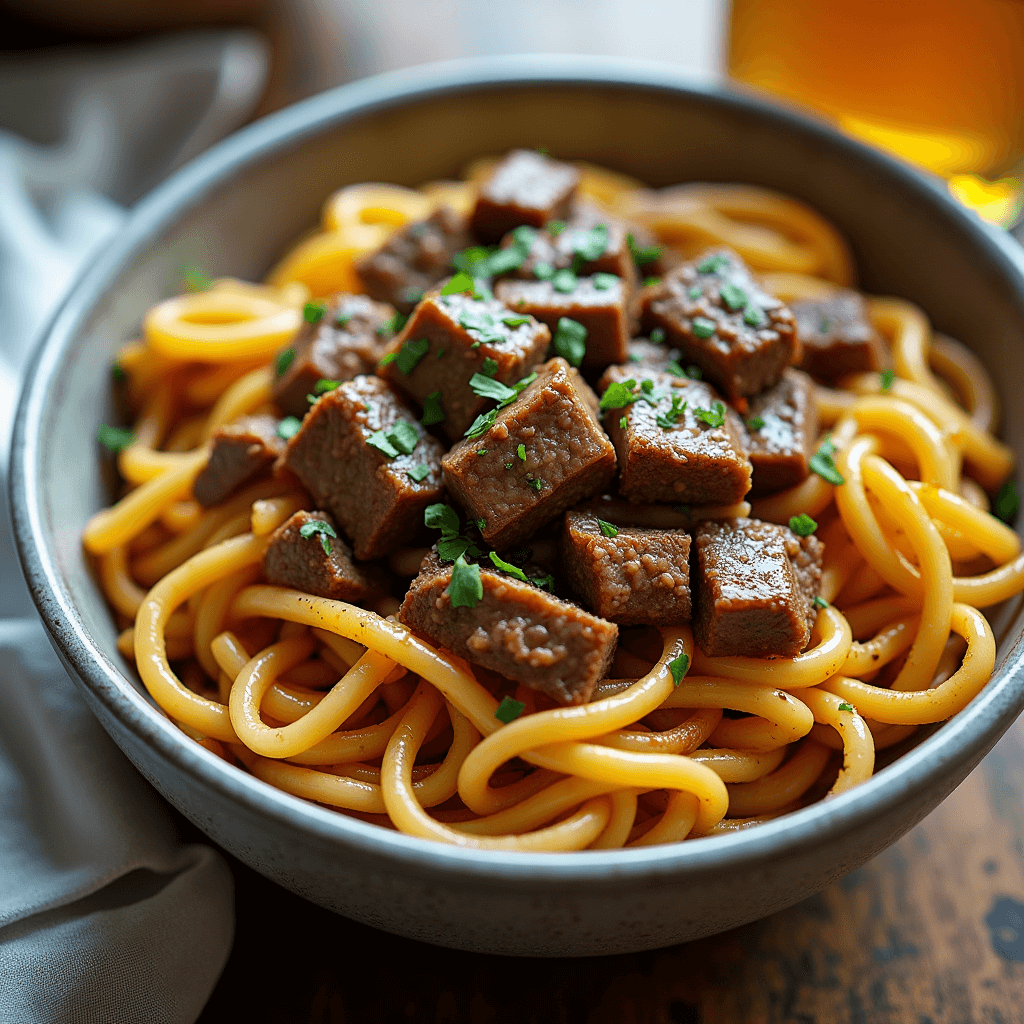 Beef and noodles served in a savory sauce with a sprinkle of fresh herbs for garnish.