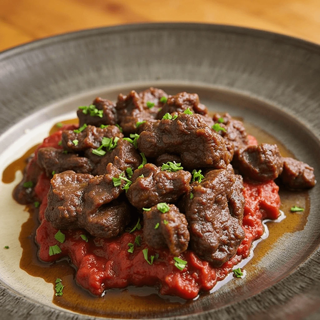 Close-up of tender, braised beef short ribs served on a plate with mashed potatoes and garnished with fresh herbs.