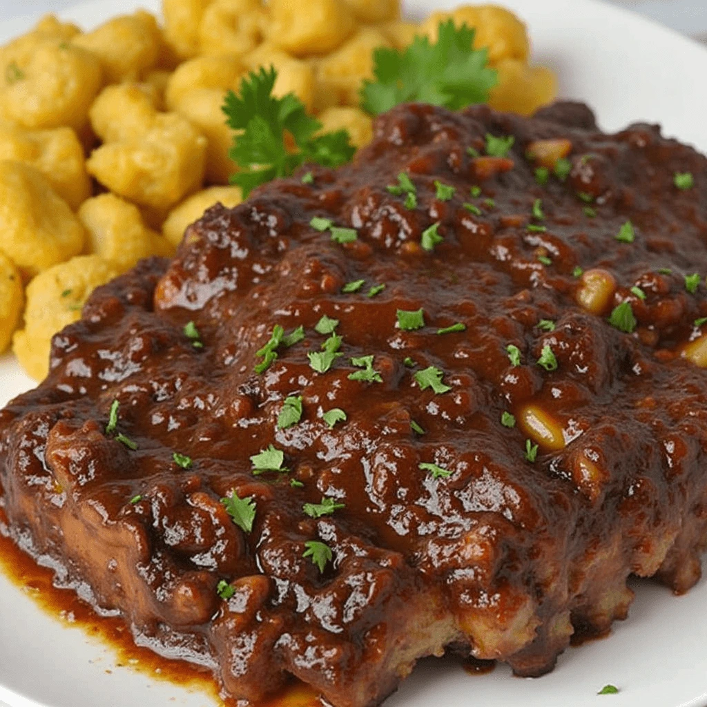 Tender, slow-cooked beef short ribs served with mashed potatoes, rich gravy, and a sprinkle of fresh herbs.