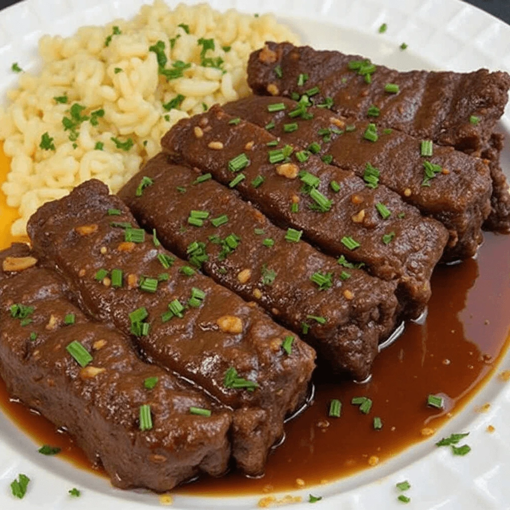 Juicy beef short ribs served with a rich sauce, creamy mashed potatoes, and a garnish of fresh parsley.