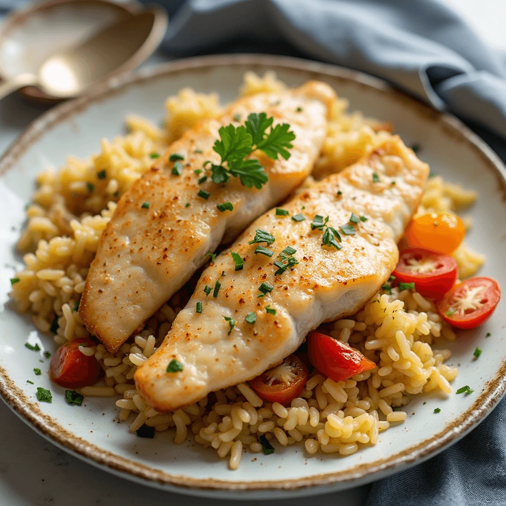 Delicious fish and rice recipe served with fresh herbs and lemon, a perfect combination of protein and grains.