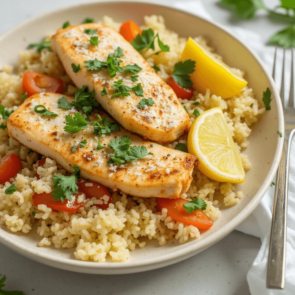 Healthy fish and rice dish with tender fish, perfectly cooked rice, and colorful vegetables served in a bowl—great for a nutritious meal.