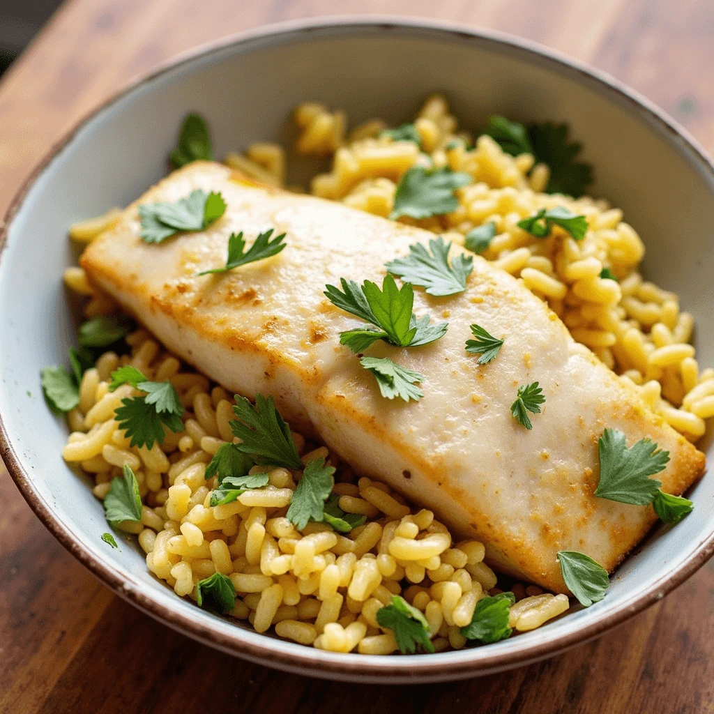 Flavorful fish and rice dish with colorful vegetables, served on a rustic plate—perfect for a healthy and hearty meal.