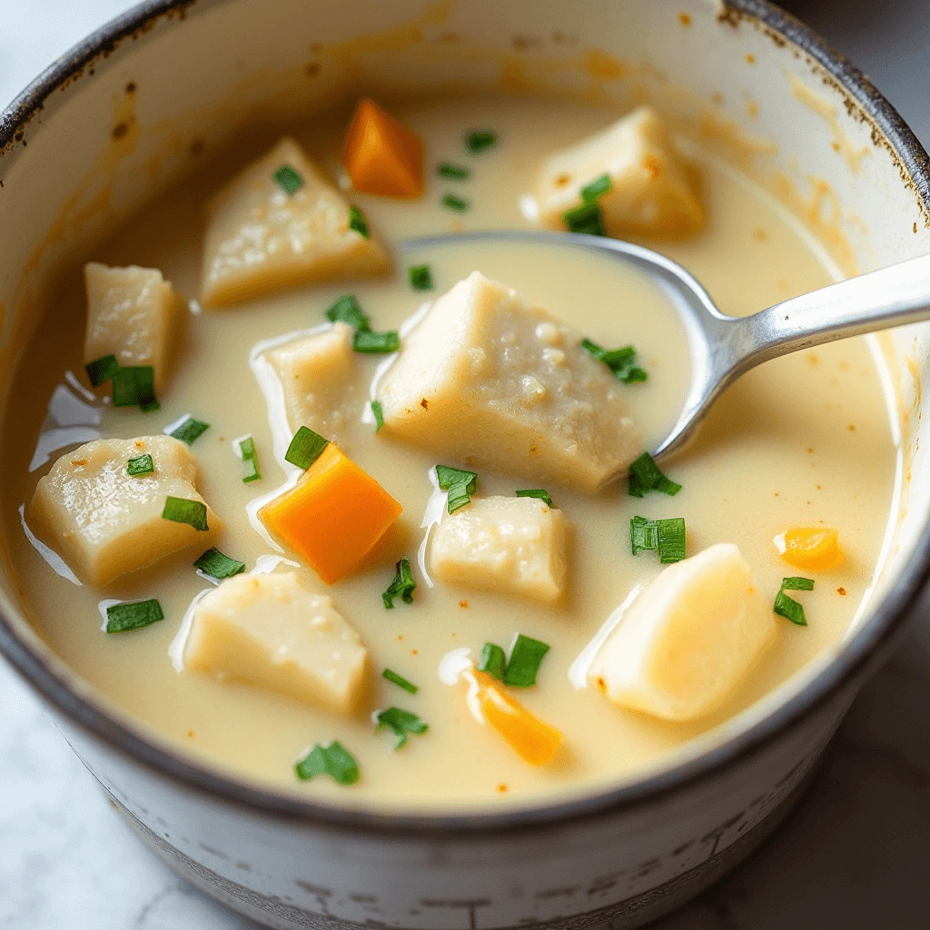 A delicious bowl of fish chowder topped with fresh herbs, showcasing chunks of fish and vegetables in a creamy broth.