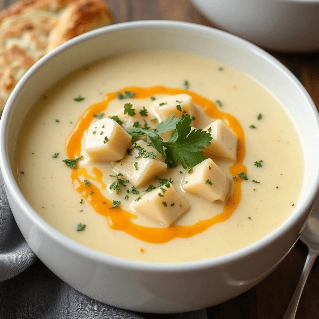 Homemade fish chowder served in a bowl with fresh herbs and a creamy broth.