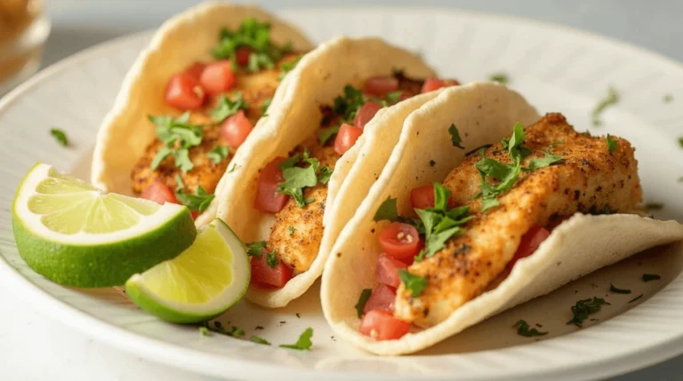 Three crispy fish tacos served in soft tortillas, garnished with diced tomatoes, fresh cilantro, and accompanied by lime wedges on a white plate.