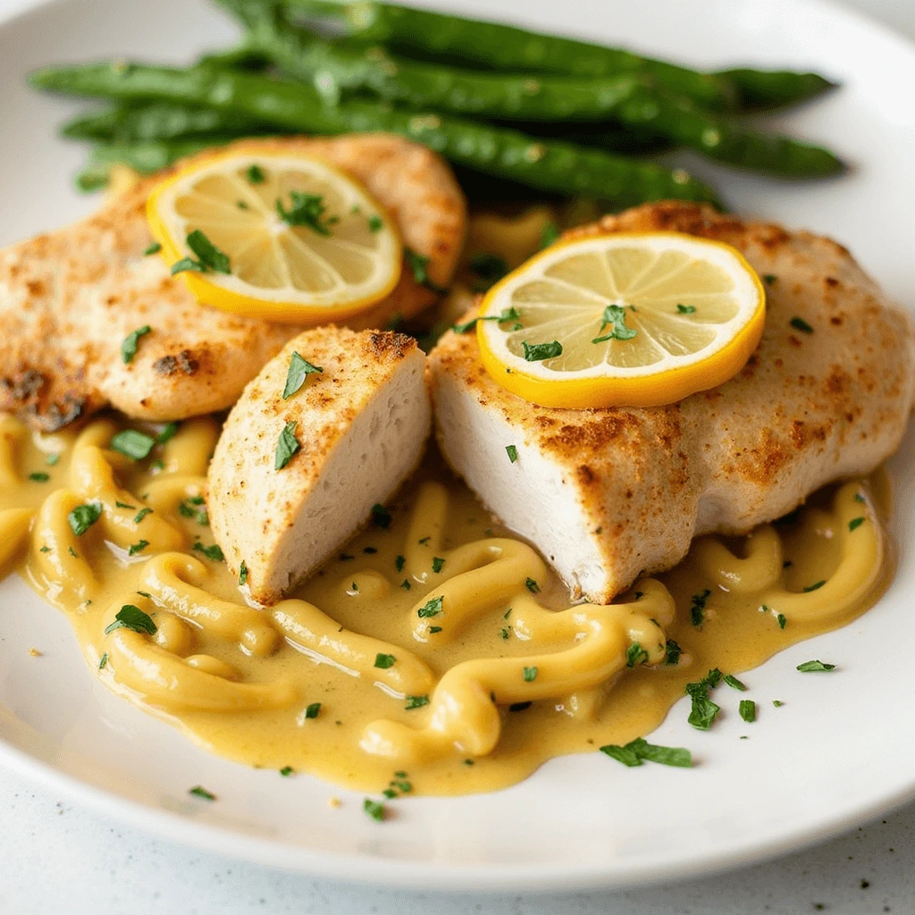 A plate of chicken piccata served with creamy pasta and green beans, garnished with fresh parsley and lemon slices.