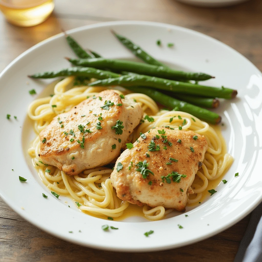 A plate of chicken piccata served over pasta with a light buttery sauce, garnished with fresh parsley and accompanied by green beans.