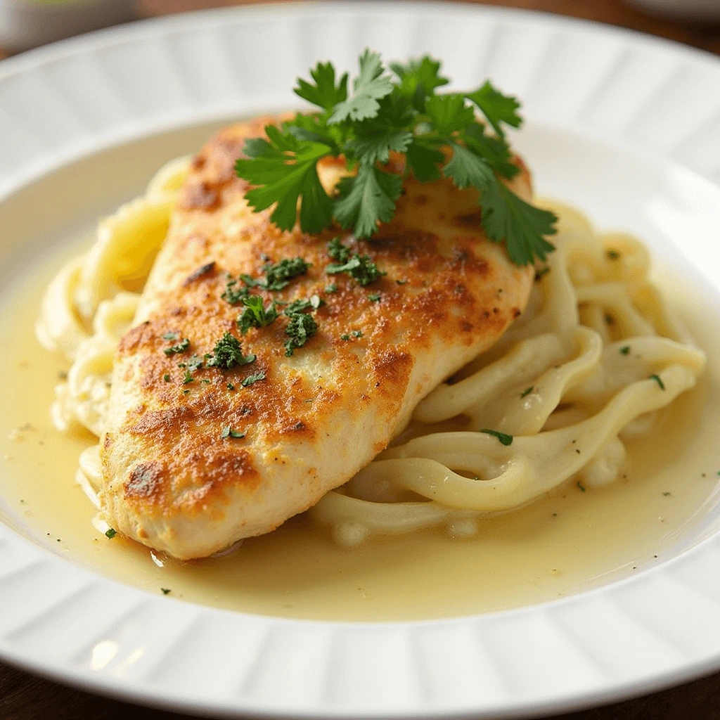  A golden-brown chicken breast served over creamy pasta, garnished with fresh parsley, and surrounded by a light buttery sauce.