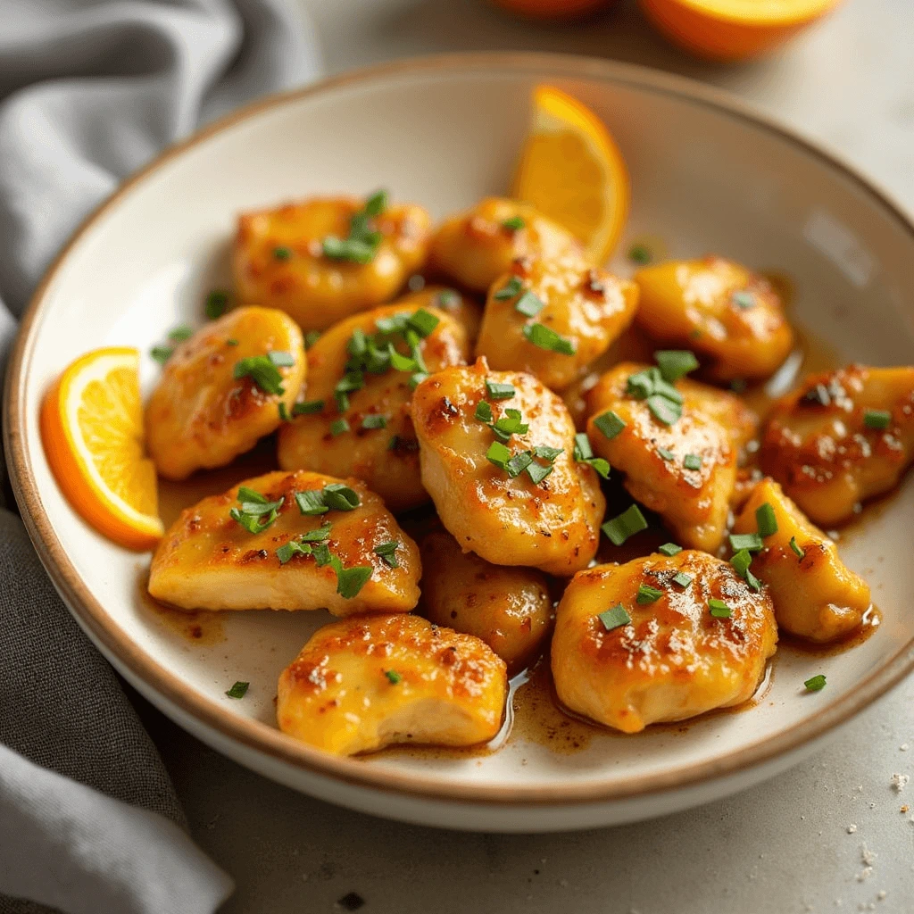 A plate of bite-sized orange chicken pieces glazed in a sweet and tangy sauce, garnished with fresh herbs and orange wedges.