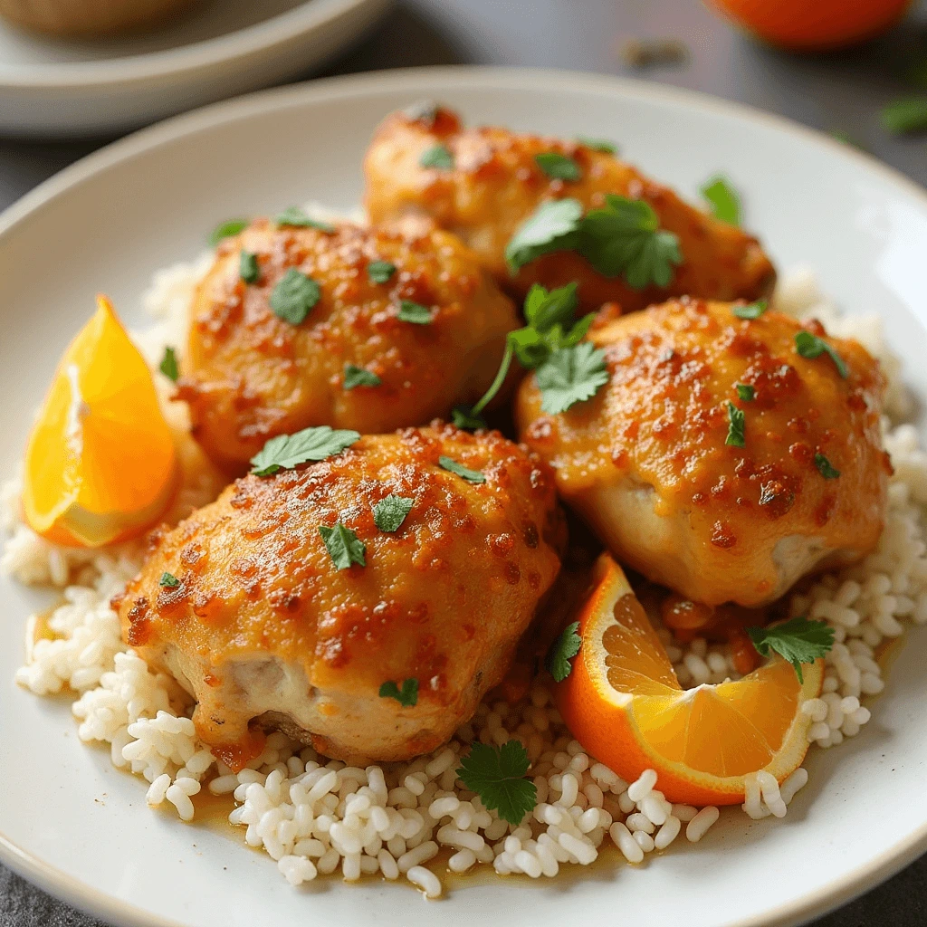 Plate of baked orange chicken thighs served over a bed of rice, garnished with fresh cilantro and orange wedges.