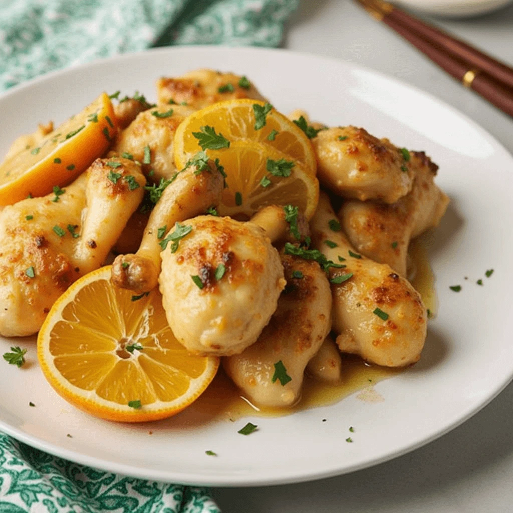 A plate of crispy orange chicken coated in a glossy, tangy-sweet orange sauce, garnished with sesame seeds and green onions.