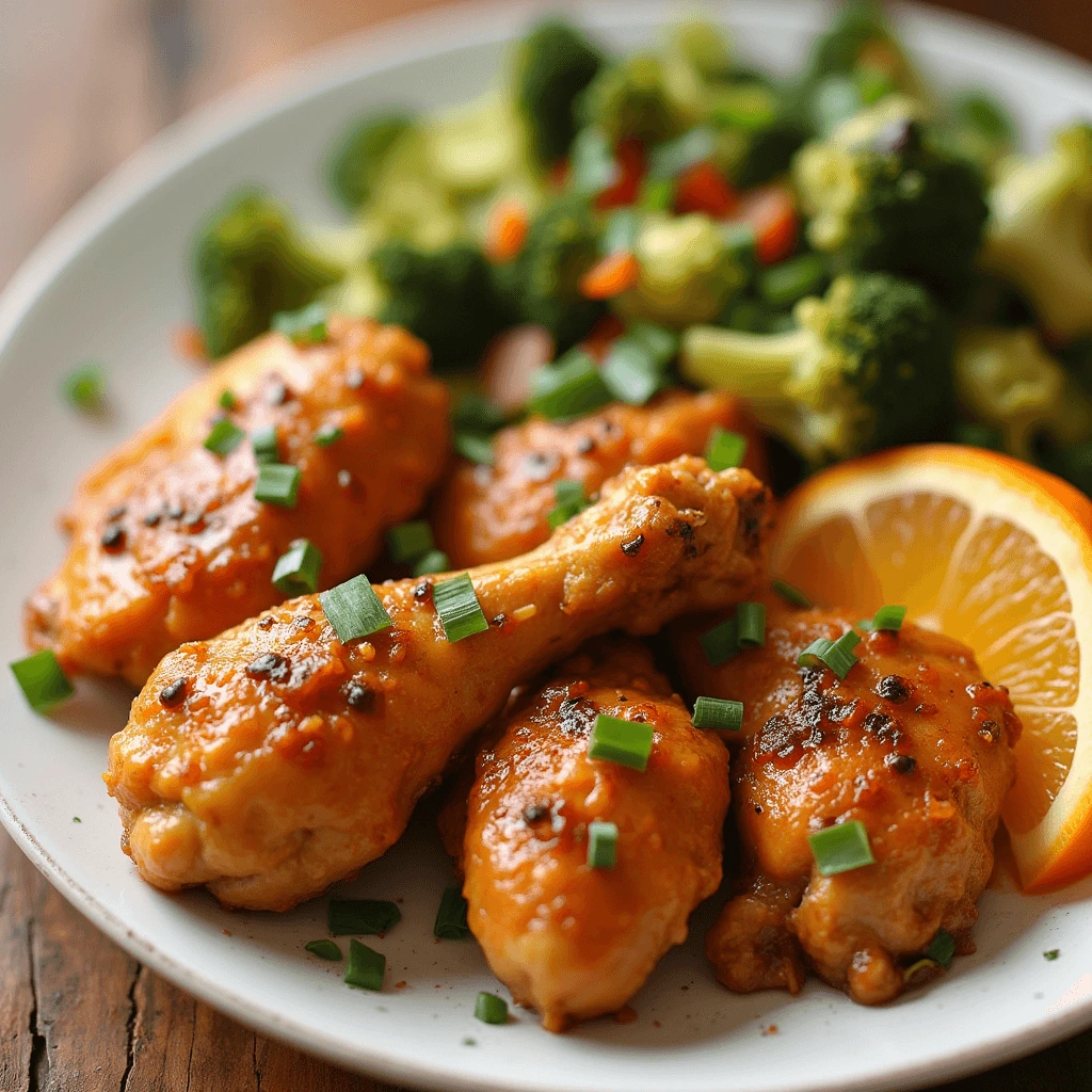 A plate of crispy orange-glazed chicken wings garnished with green onions and black pepper, served with broccoli and an orange wedge.