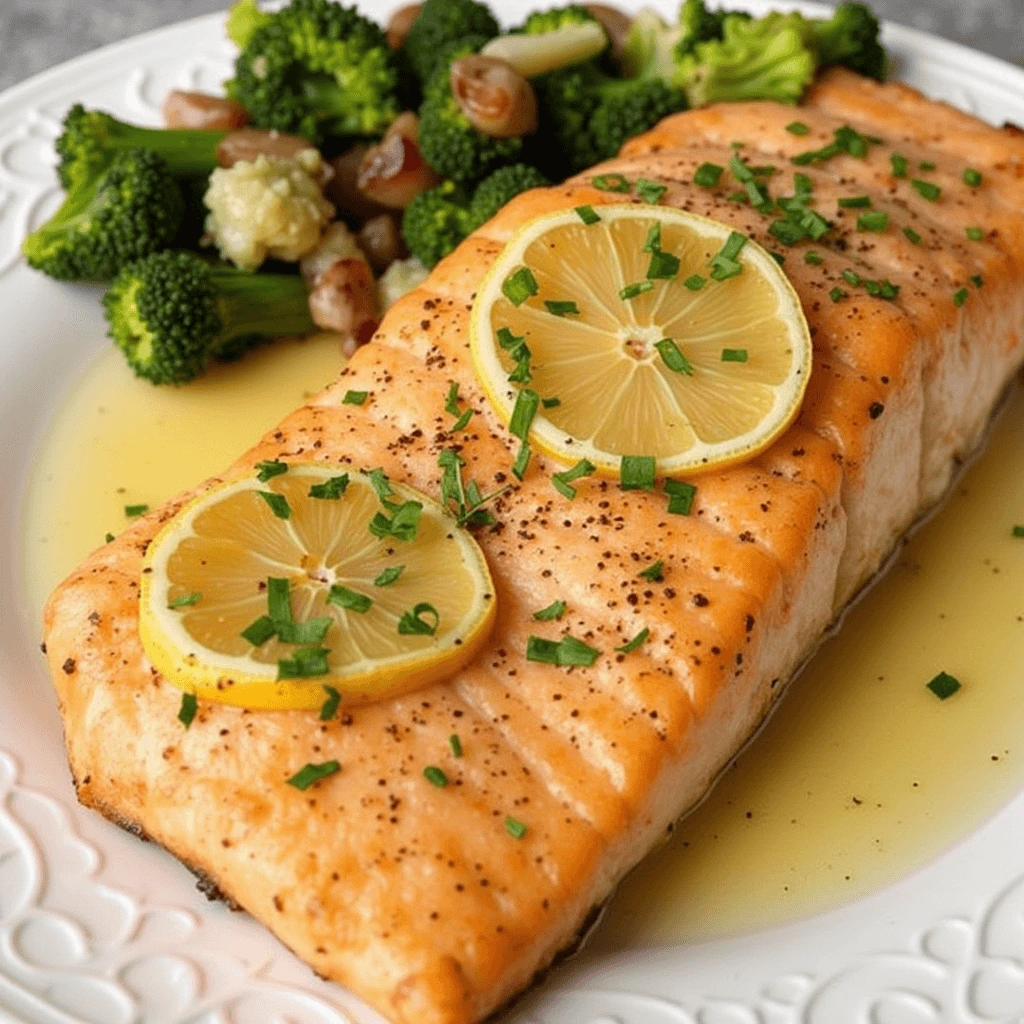 Seared fish fillet garnished with fresh herbs, accompanied by steamed broccoli and roasted vegetables on a white plate.