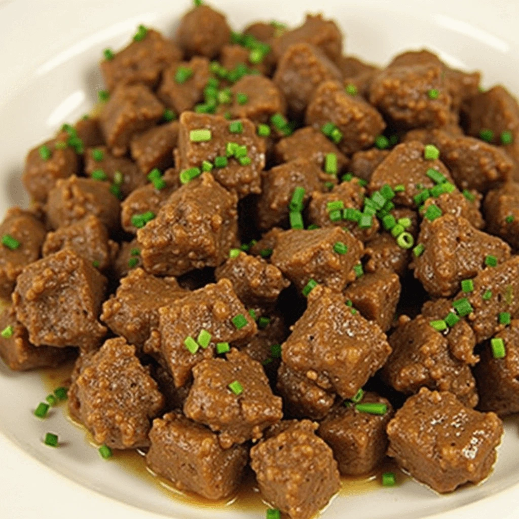 A plate of tender diced beef coated in a savory garlic butter sauce, garnished with fresh chopped chives.