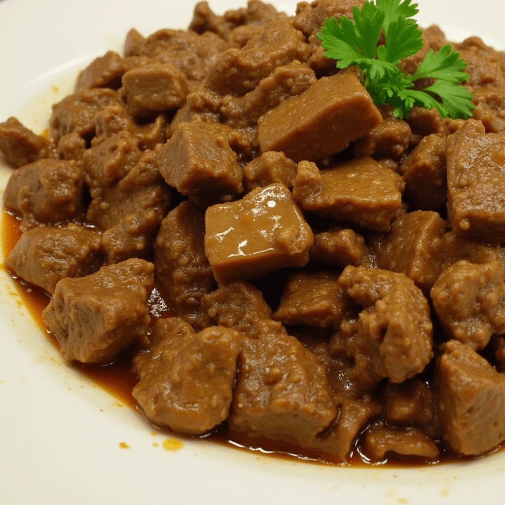 A plate of tender, juicy diced beef cooked in a flavorful sauce and garnished with fresh herbs.