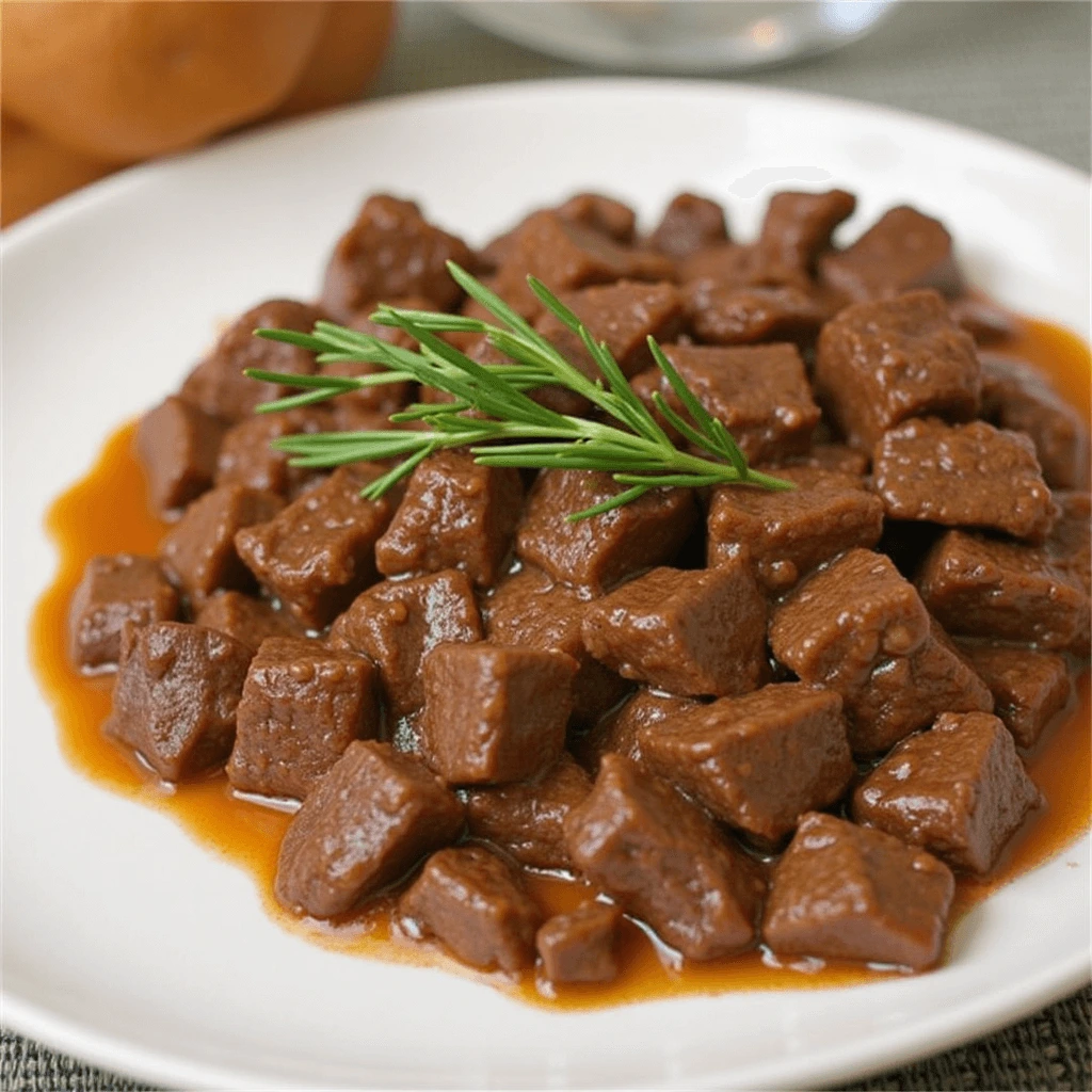 A plate of juicy, slow-braised diced beef in a rich sauce, garnished with a sprig of fresh rosemary.