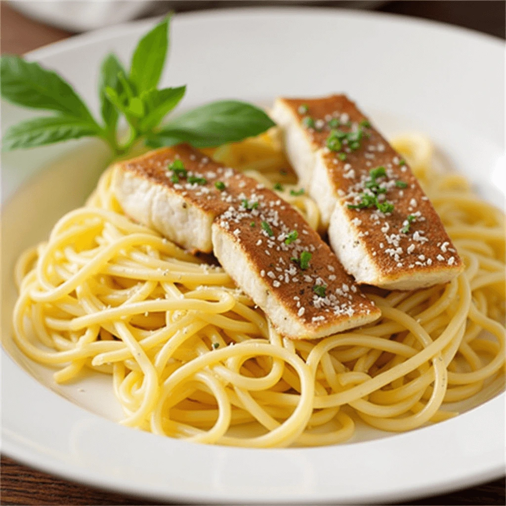 Sliced, golden-seared fish fillets on a plate of spaghetti, garnished with fresh herbs and Parmesan for a delicious and elegant presentation.