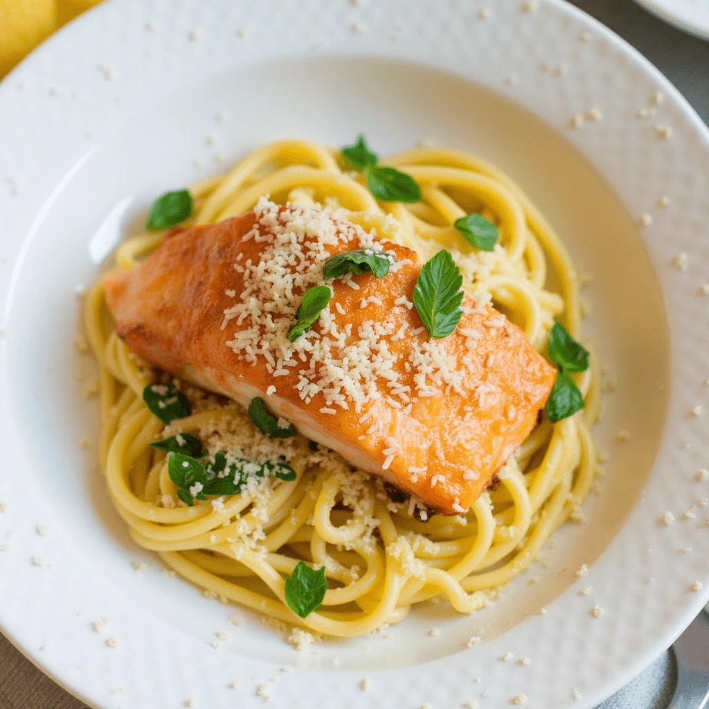  A golden-browned fish fillet with grated Parmesan on top, placed on a plate of linguine pasta, garnished with fresh herbs for a vibrant and flavorful presentation.