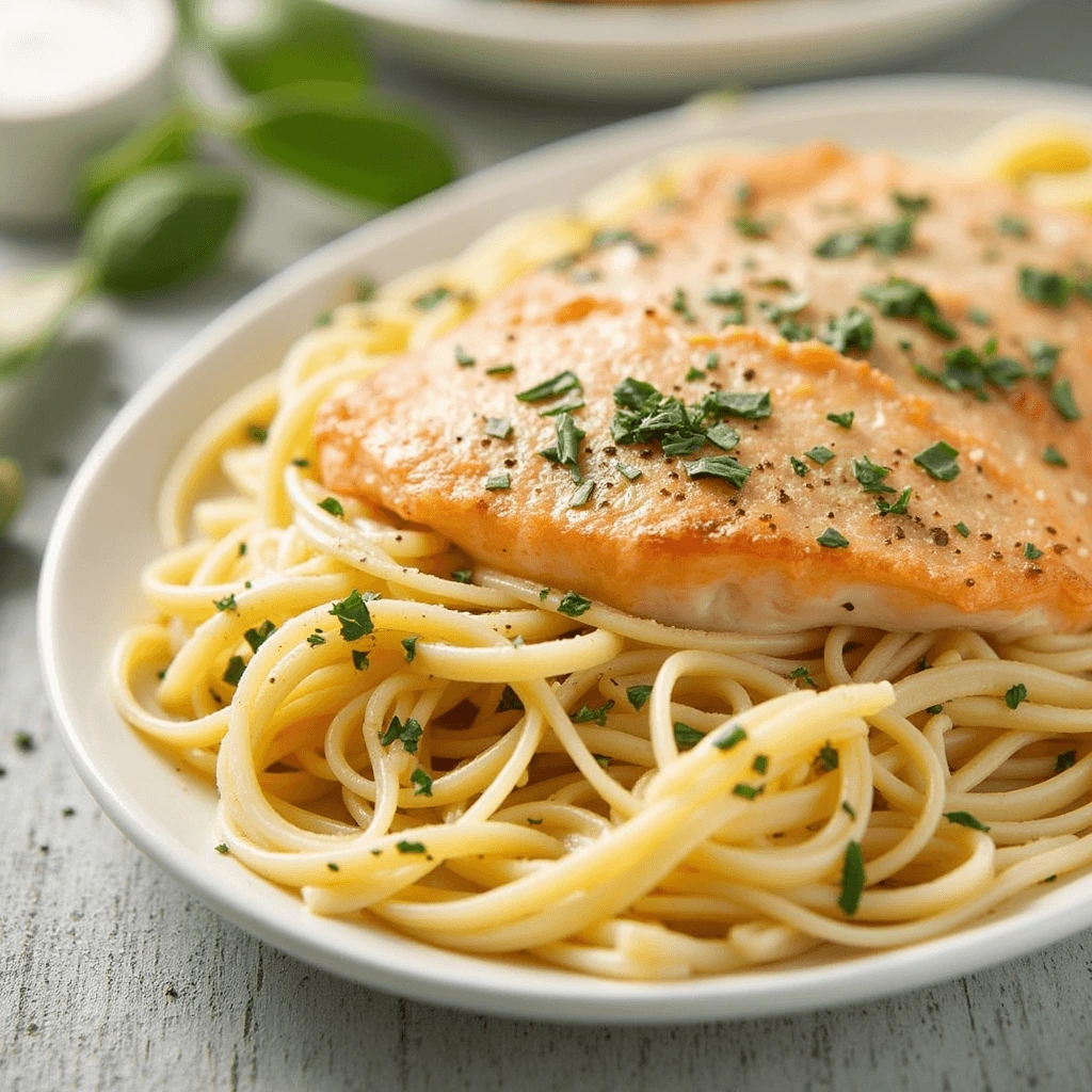 A golden-seared fish fillet served over a plate of linguine pasta, garnished with fresh herbs for a flavorful and comforting meal.