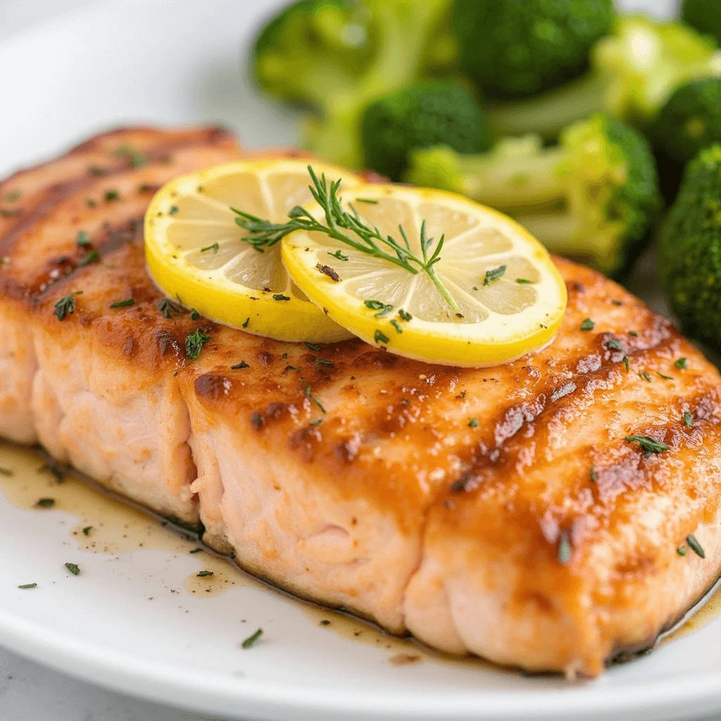 Grilled fish fillet with a crispy seared surface, garnished with fresh herbs, and served with broccoli on a white plate.