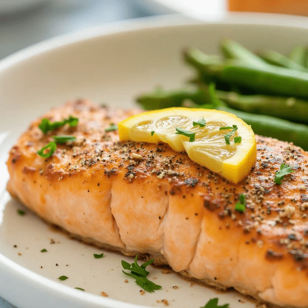 Pan-seared fish fillet with a crispy, pepper-seasoned crust, topped with fresh herbs, accompanied by green beans on a white plate.