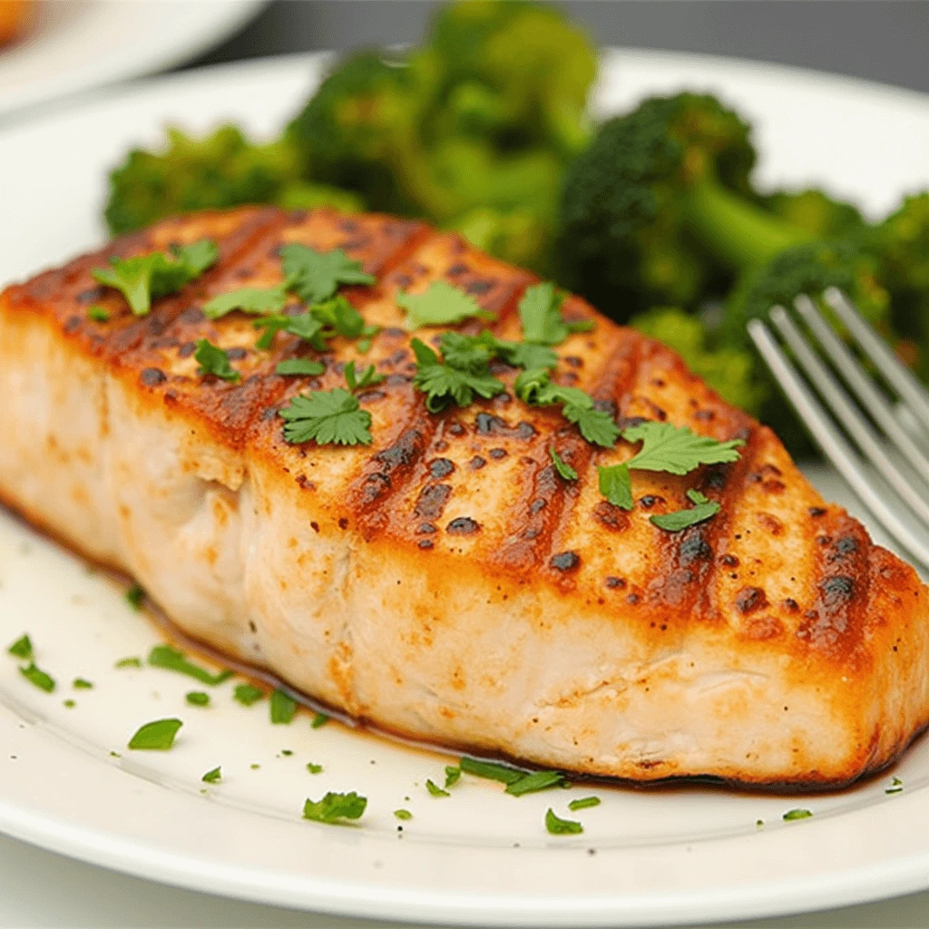 Seared salmon steak with a crispy outer layer, garnished with herbs and served with green beans on a white plate.