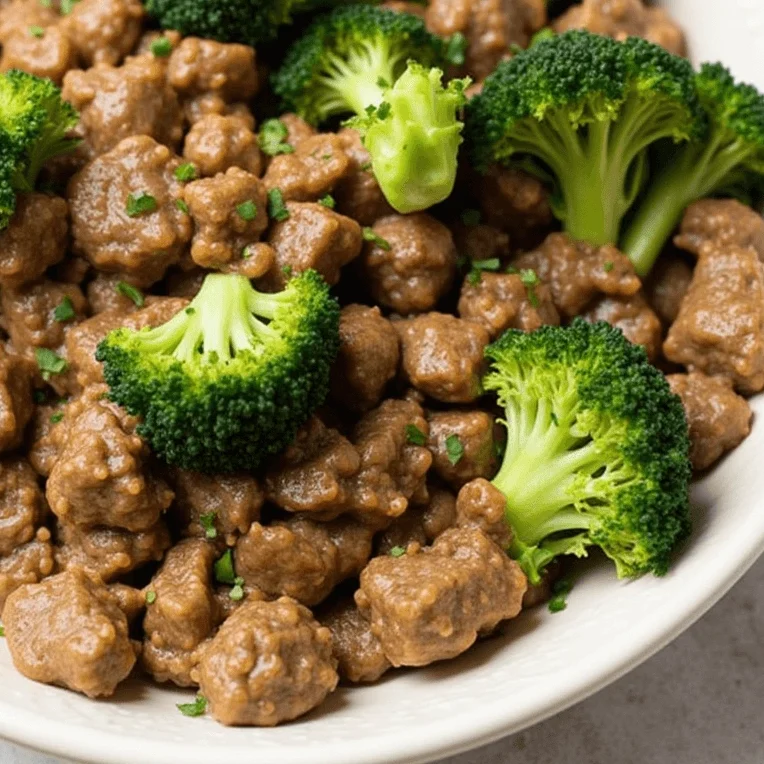 Bright green broccoli added to the pan with cooked beef.