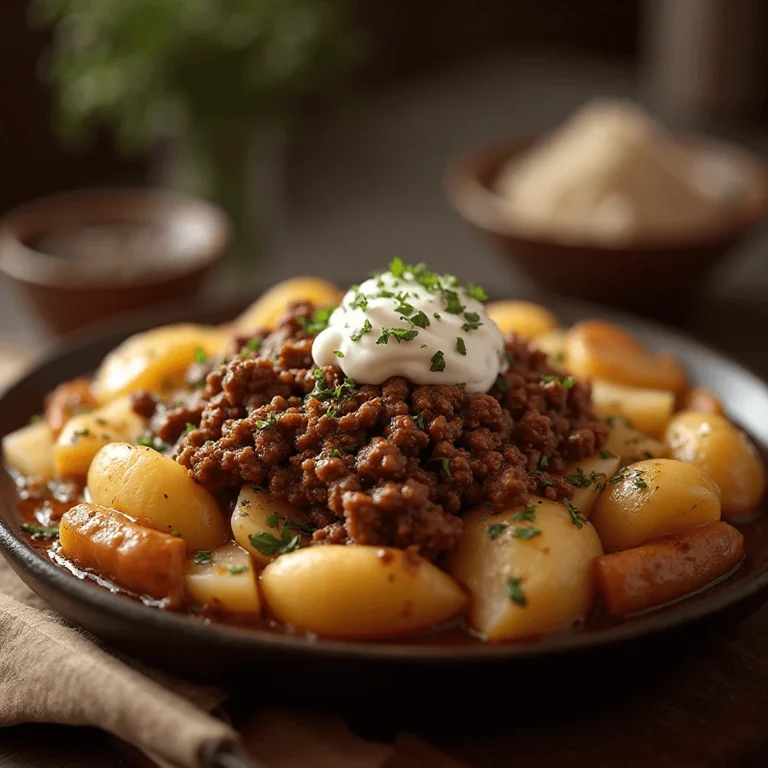 Hearty skillet with golden potatoes and seasoned ground beef