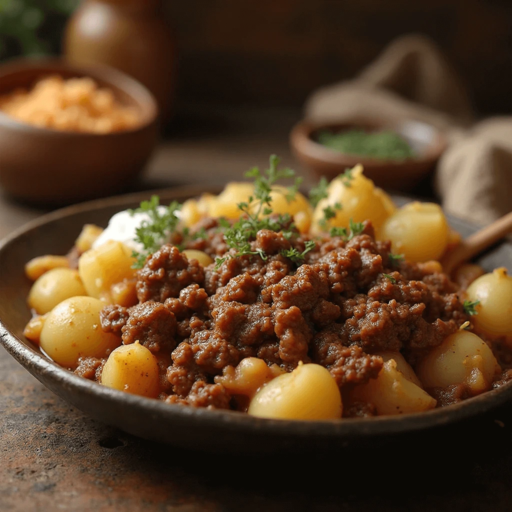 Skillet of juicy ground beef with roasted potatoes and herbs