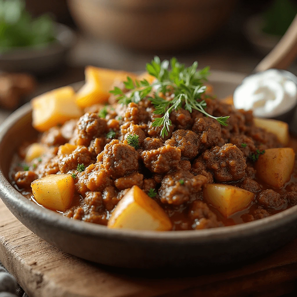 Delicious Ground Beef and Potato Recipes served in a skillet with vegetables