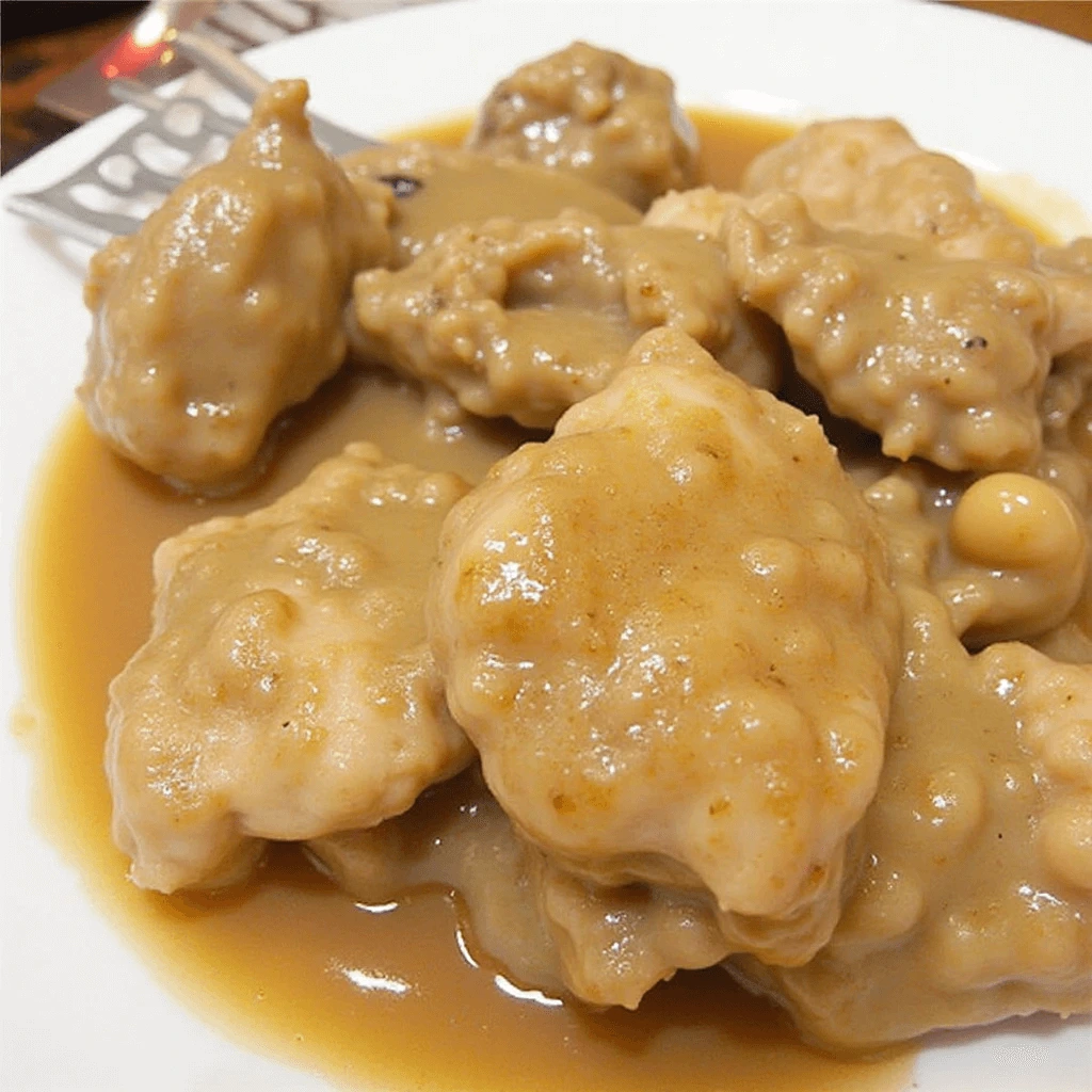 Delicious roasted chicken with rich, creamy gravy served on a plate, garnished with fresh herbs