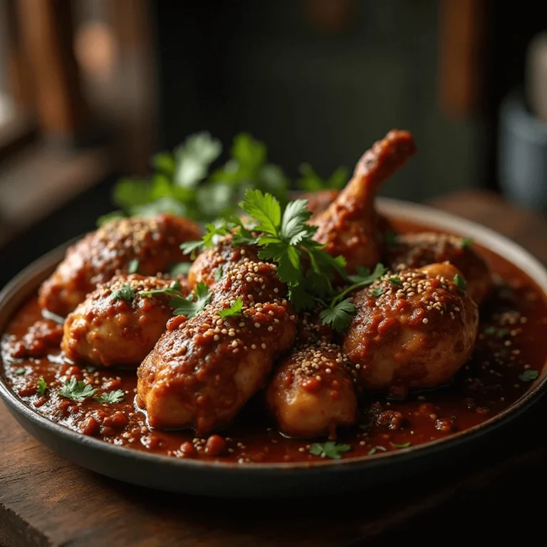 Fresh ingredients and blended mole sauce in a bowl for chicken mole recipe