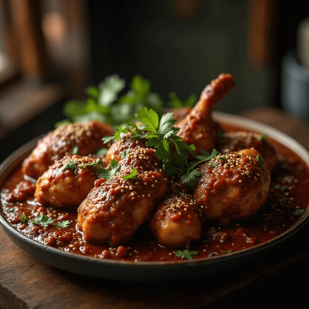 Fresh ingredients and blended mole sauce in a bowl for chicken mole recipe