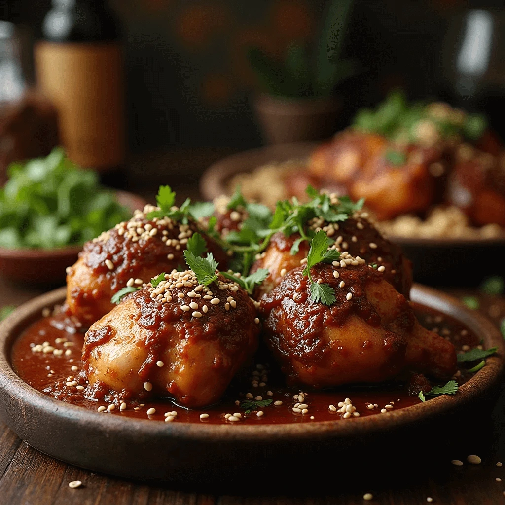 Chicken mole recipe with rich, dark sauce served with rice and garnished with sesame seeds