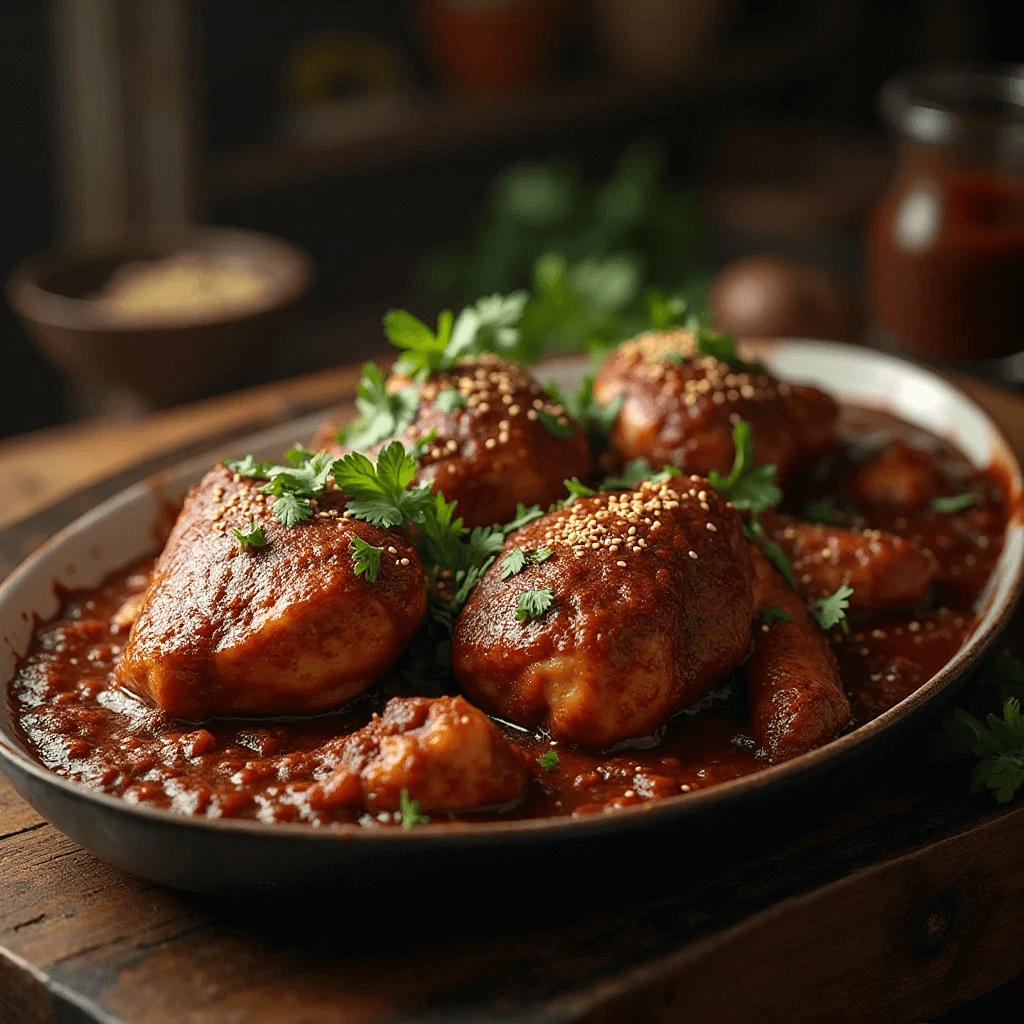 Chicken pieces simmering in homemade mole sauce in a skillet