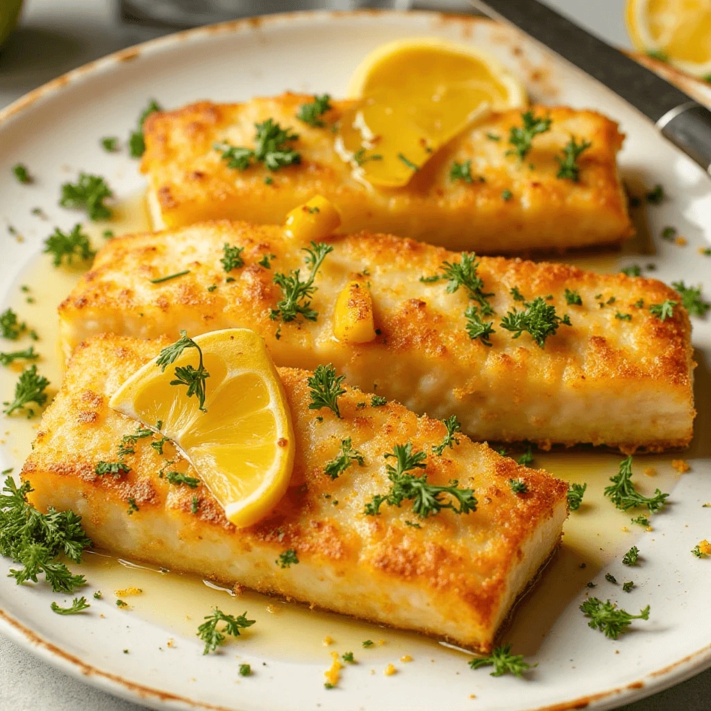 Close-up of seasoned cod fillets in a baking dish with herbs and olive oil