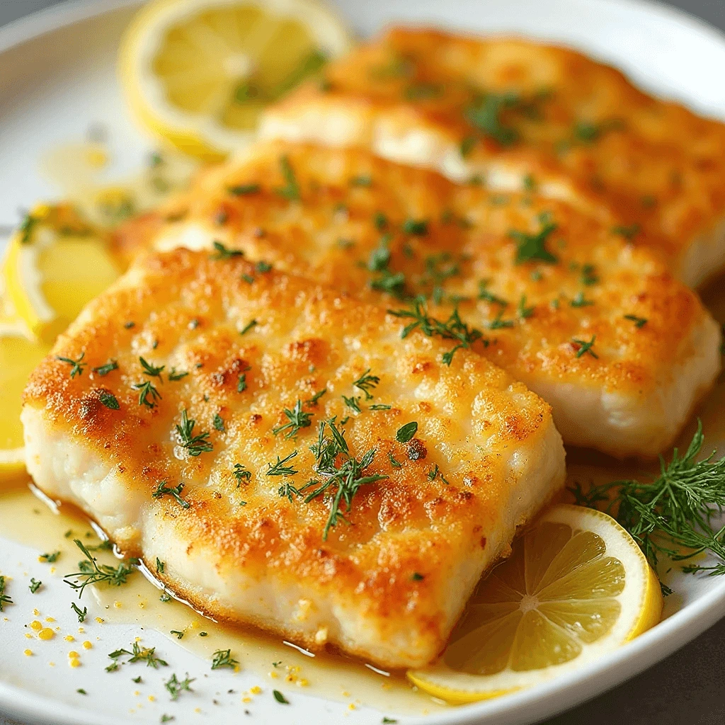 Served Baked Lemon Herb Cod on a plate with roasted vegetables and lemon wedges