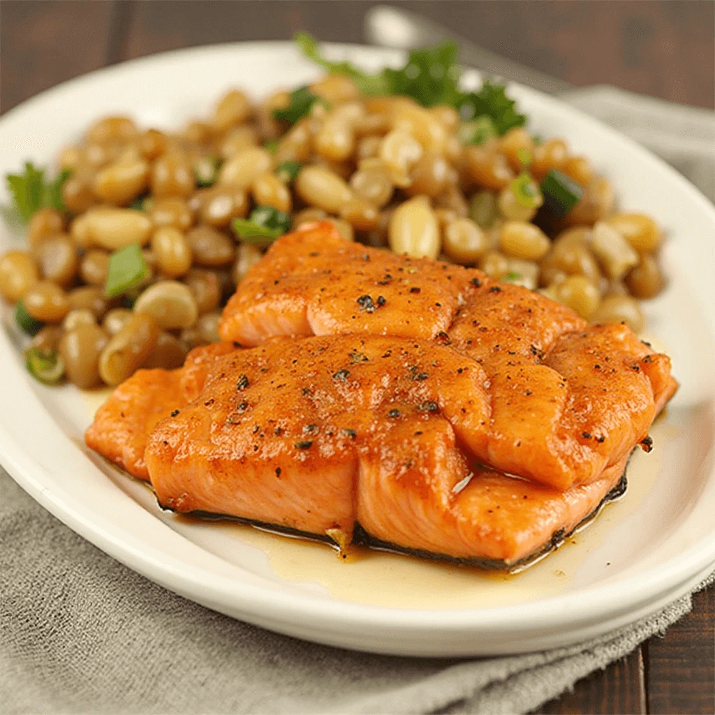 Oven-baked honey garlic salmon fillets garnished with lemon and parsley