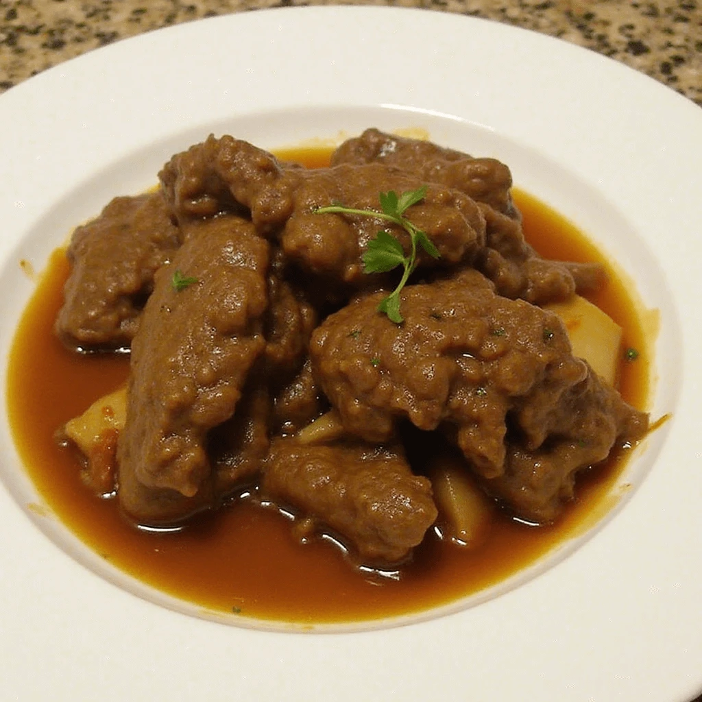 Beef Pares recipe served in a bowl with garnish and side of vegetables