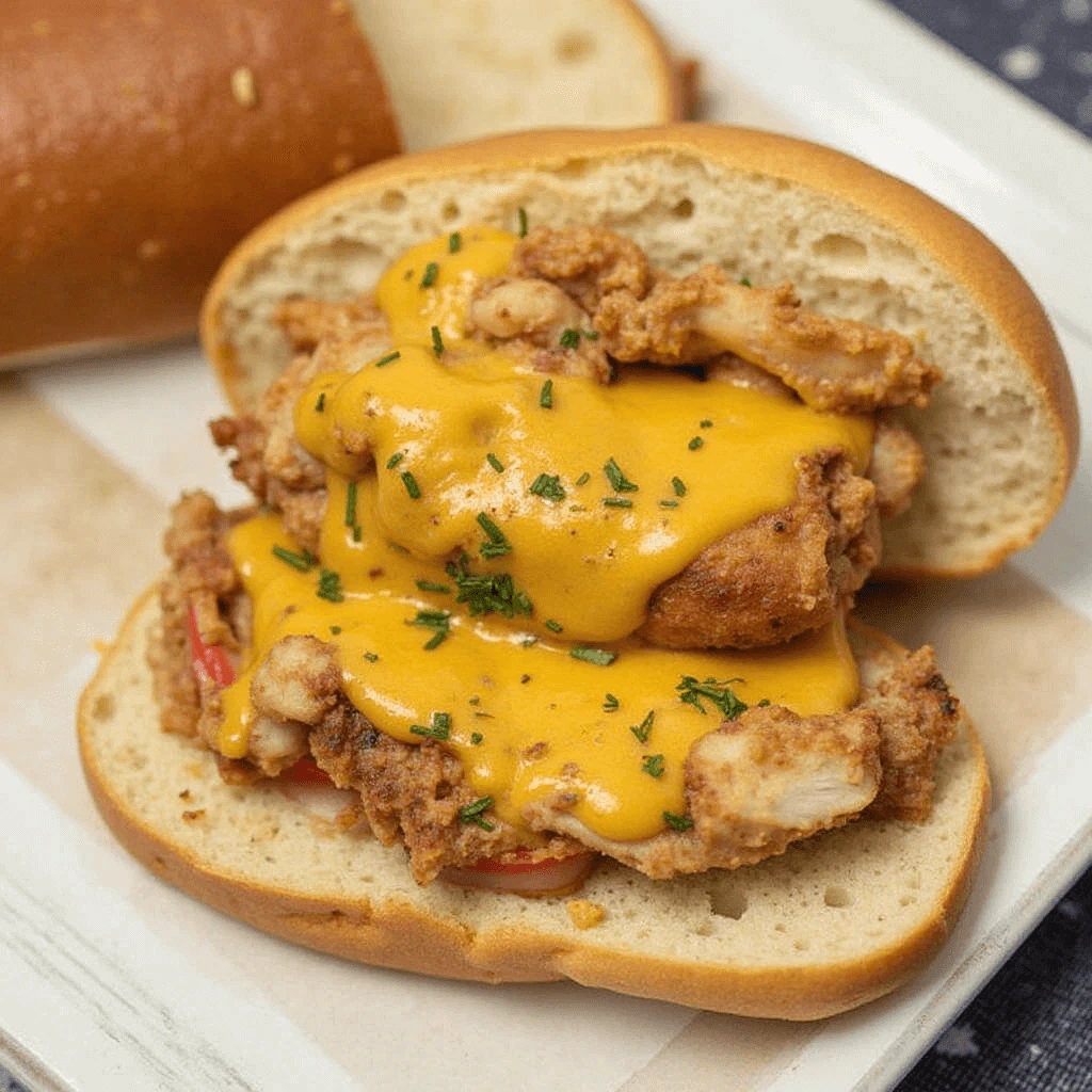 Chicken Philly Cheesesteak with melted cheese, sautéed peppers, and onions in a hoagie roll