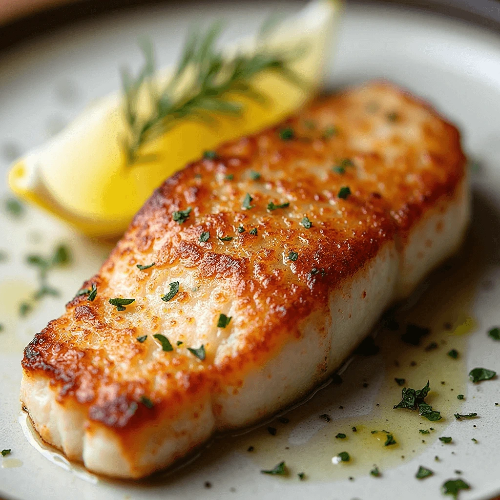 Close-up of a pan-seared fish fillet sizzling in a hot skillet