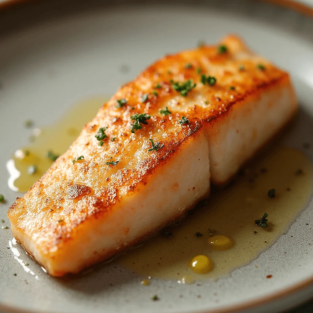 Golden crispy pan-seared fish fillet served on a white plate with lemon and herbs