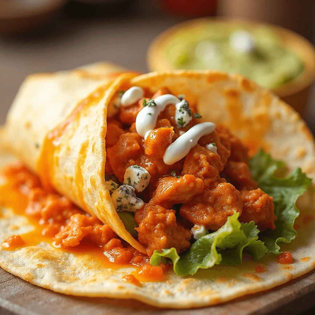 Sliced buffalo chicken wrap showing spicy chicken and melted cheese