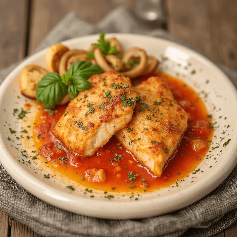 Plated Fish Fillets Italiano served with pasta and a lemon wedge