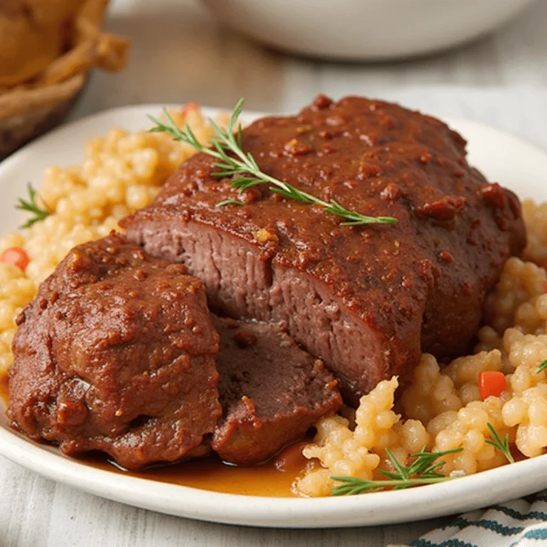Beef arm roast recipe cooking slowly with vegetables in a roasting pan
